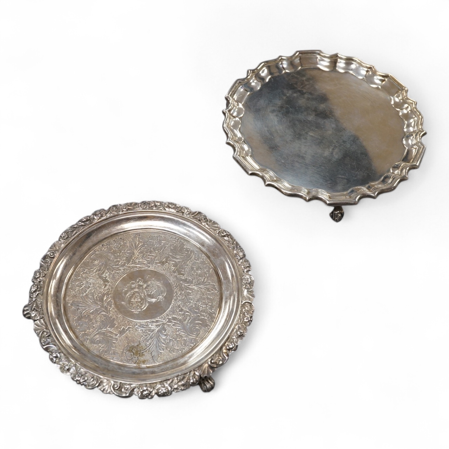 A George V silver waiter by Tessiers Ltd, London, 1925, diameter 15.9cm, together with a George V Scottish silver waiter, James McKay, Edinburgh, 1828, 15.6oz.